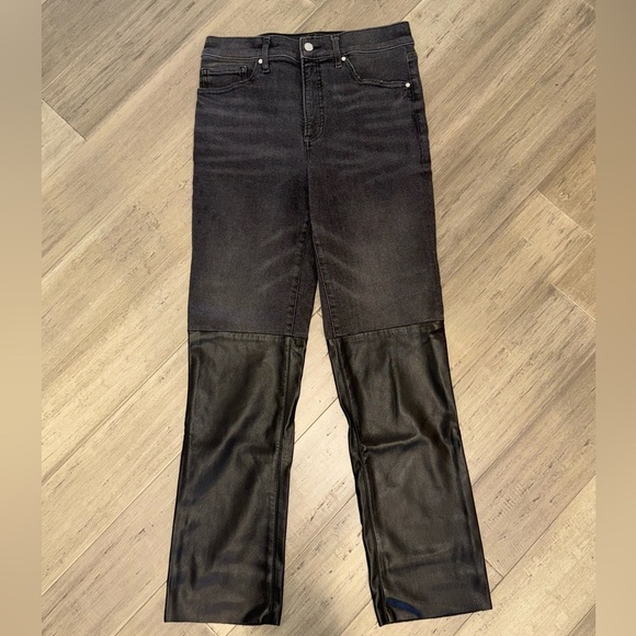 EXPRESS | Super High Waisted Faux Leather Paneled '90s Slim Jeans - Picture 9 of 9